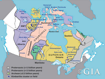 加拿大的金伯利岩矿田和集群分布图
